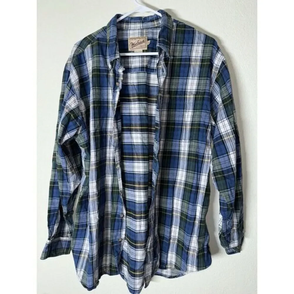 Woolrich Plaid Light Flannel Shirt Button Up Blue Green Long Sleeve Size X LARGE